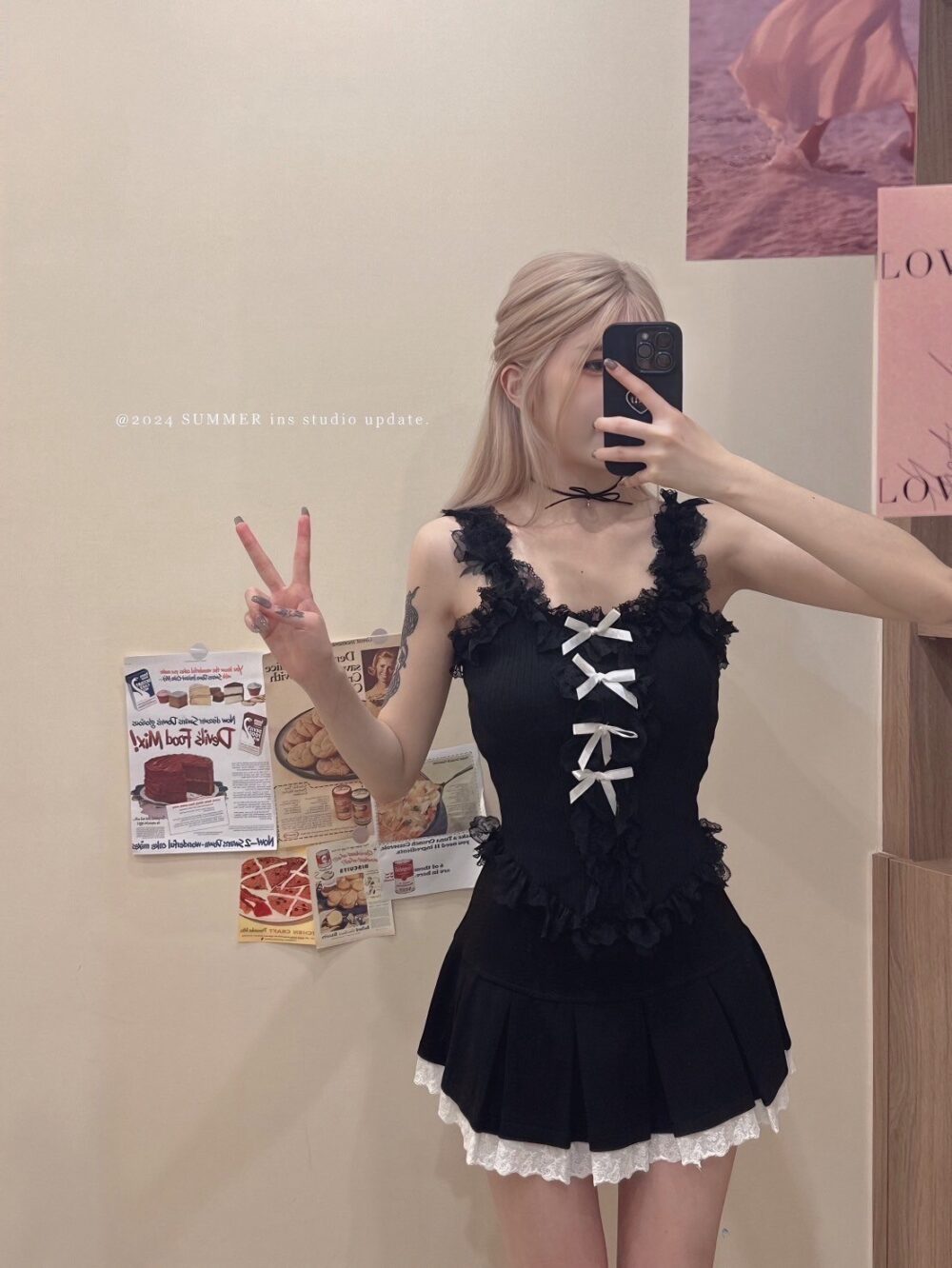 #6494 韓系甜美蕾絲花邊蝴蝶結針織吊帶背心