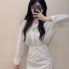 #3250 高级感韓式純欲白色襯衫收腰包臀短洋
