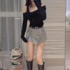#9850 辣妹斜领露肩罩衫上衣吊带背心叠穿两件套