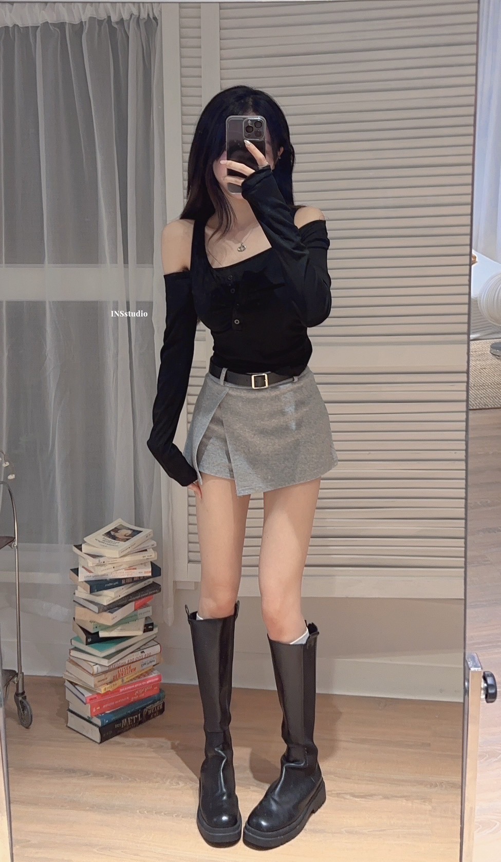 #9850 辣妹斜领露肩罩衫上衣吊带背心叠穿两件套