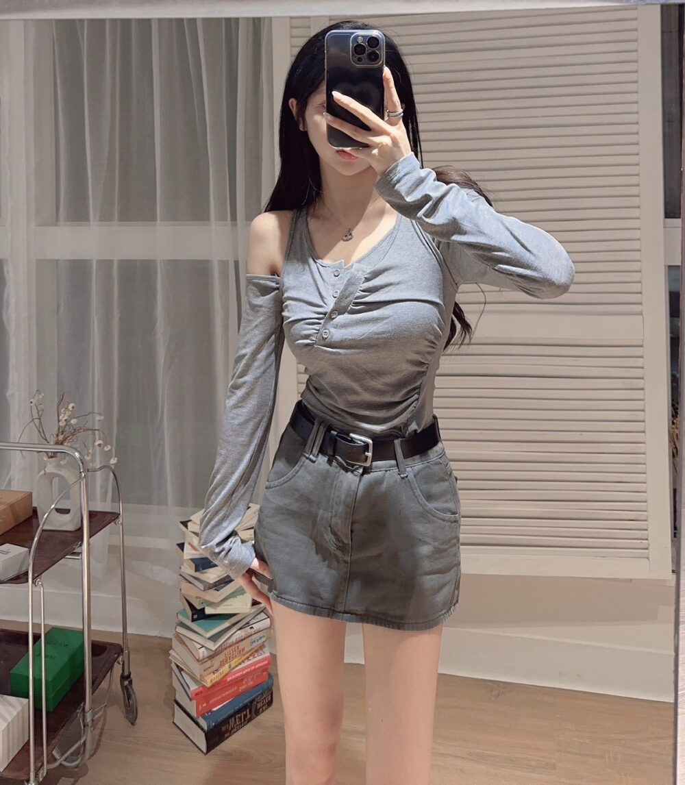 #9850 辣妹斜领露肩罩衫上衣吊带背心叠穿两件套