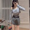 #9850 辣妹斜领露肩罩衫上衣吊带背心叠穿两件套
