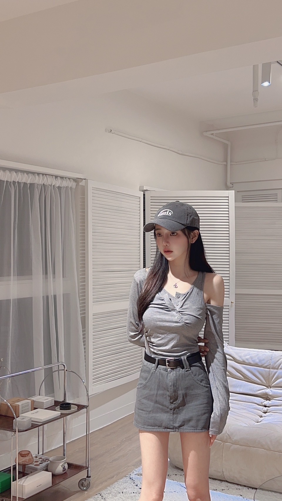 #9850 辣妹斜领露肩罩衫上衣吊带背心叠穿两件套