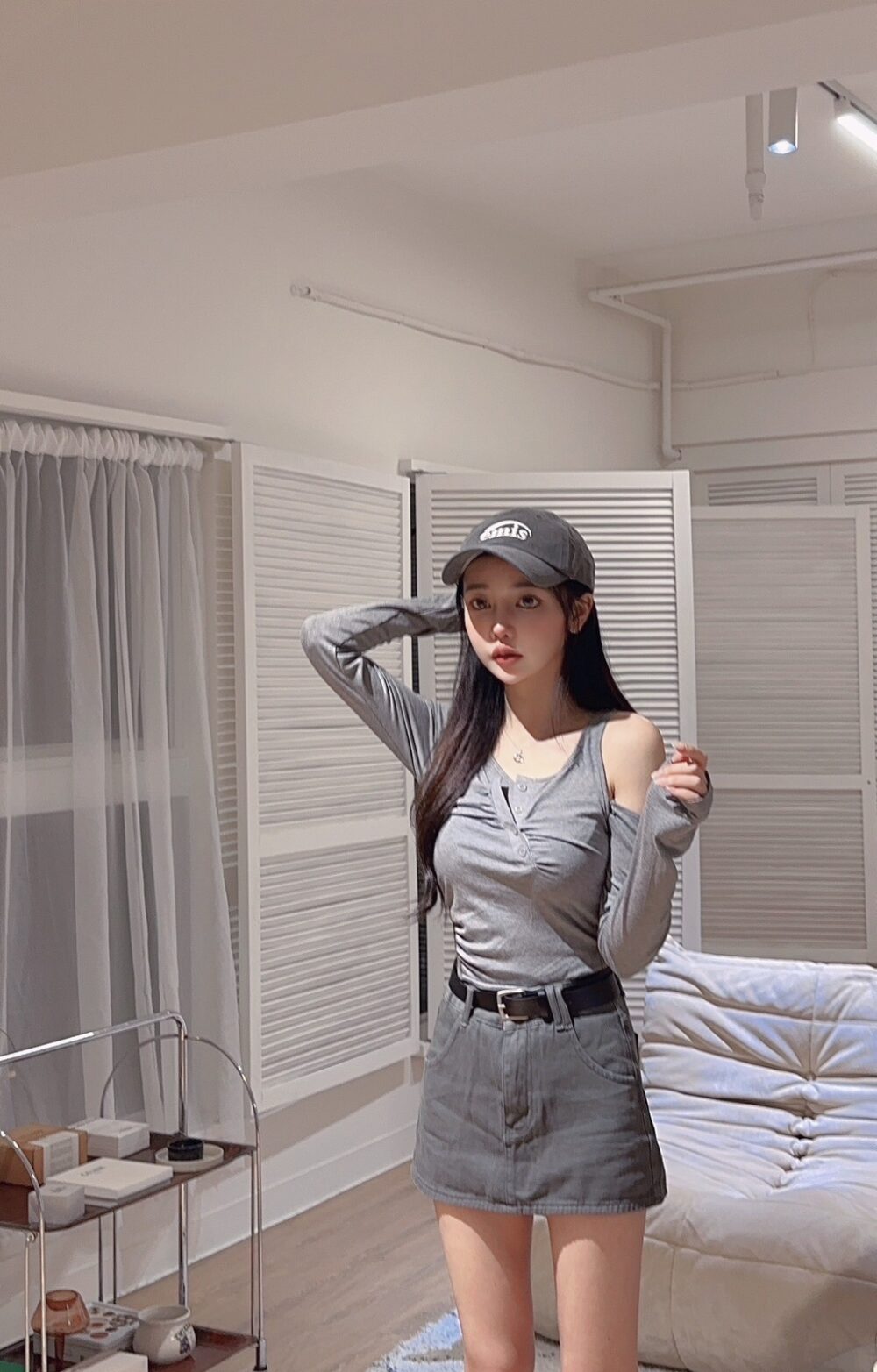 #9850 辣妹斜领露肩罩衫上衣吊带背心叠穿两件套