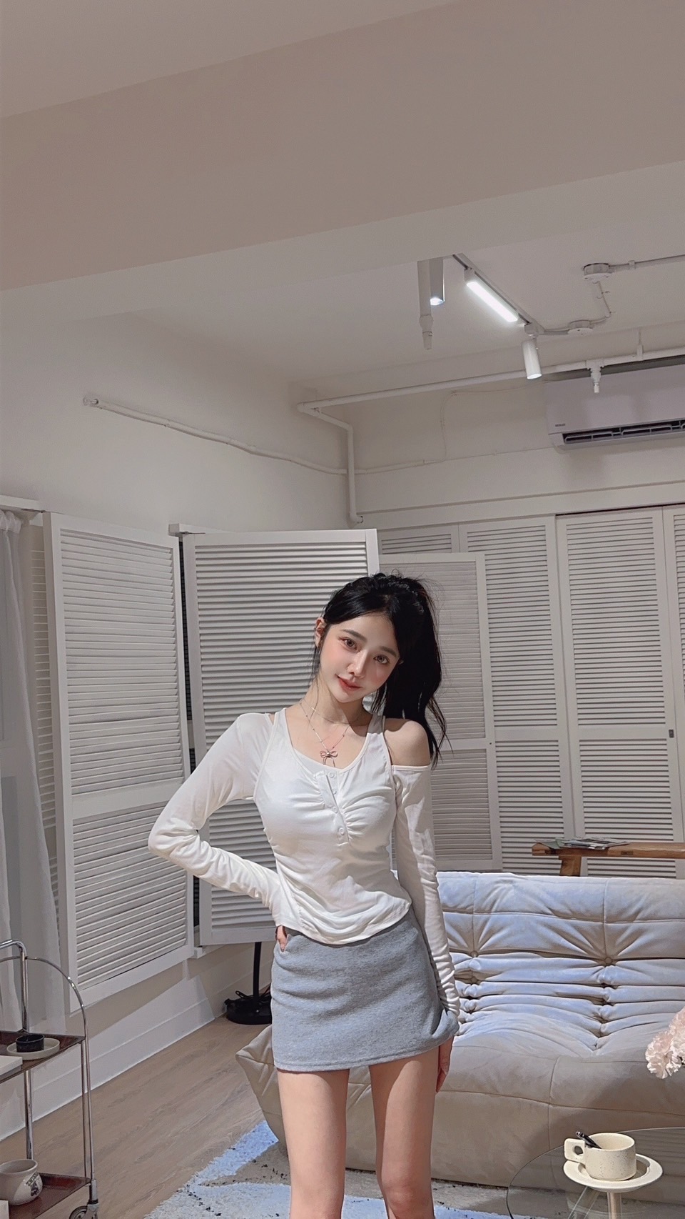 #9850 辣妹斜领露肩罩衫上衣吊带背心叠穿两件套