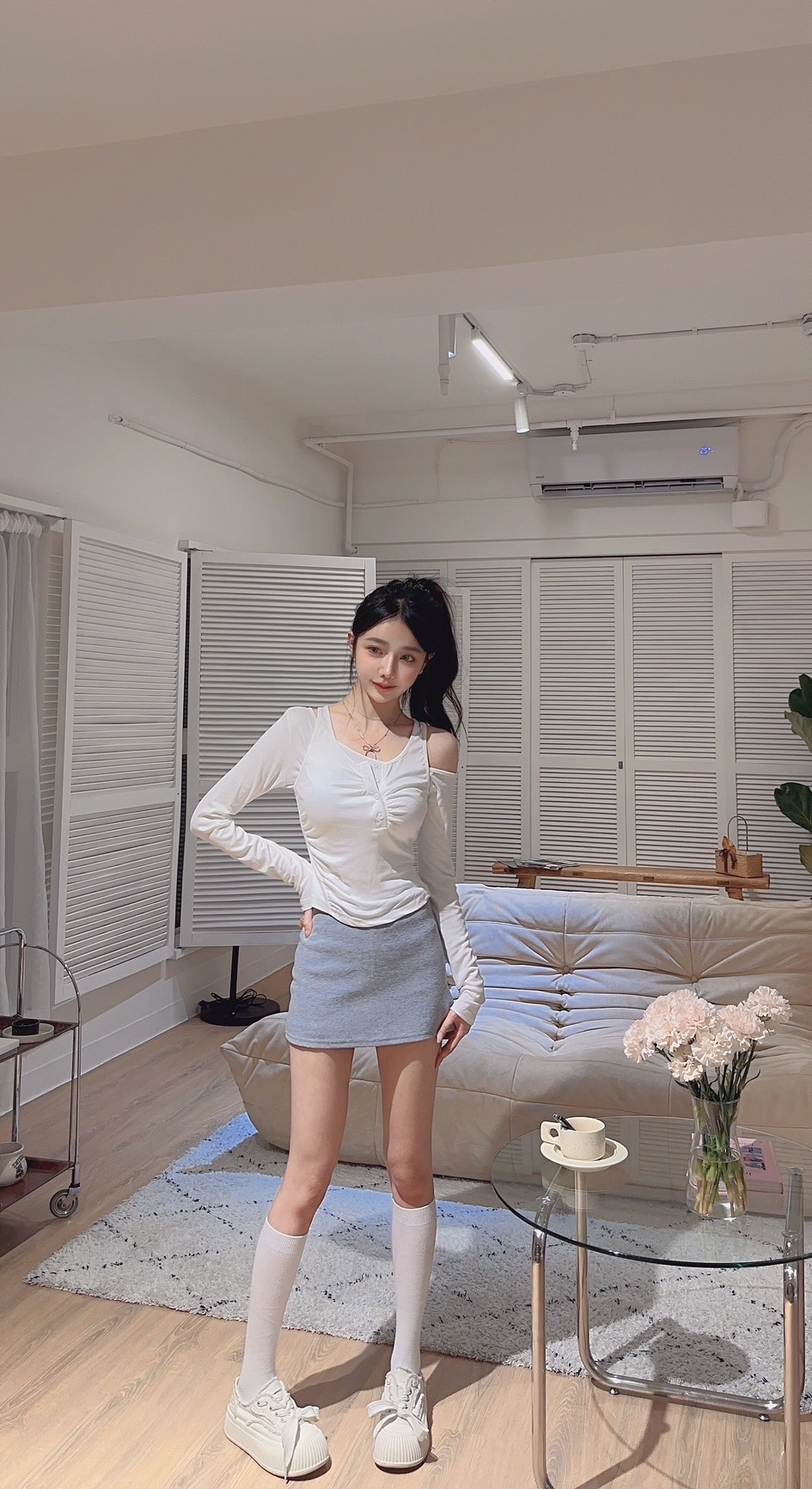 #9850 辣妹斜领露肩罩衫上衣吊带背心叠穿两件套