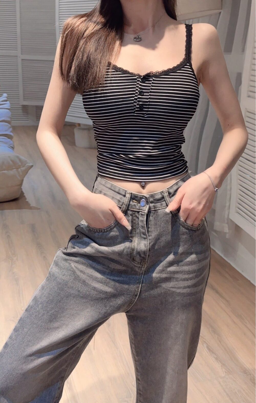#6873純欲蕾絲花邊修身吊帶背心