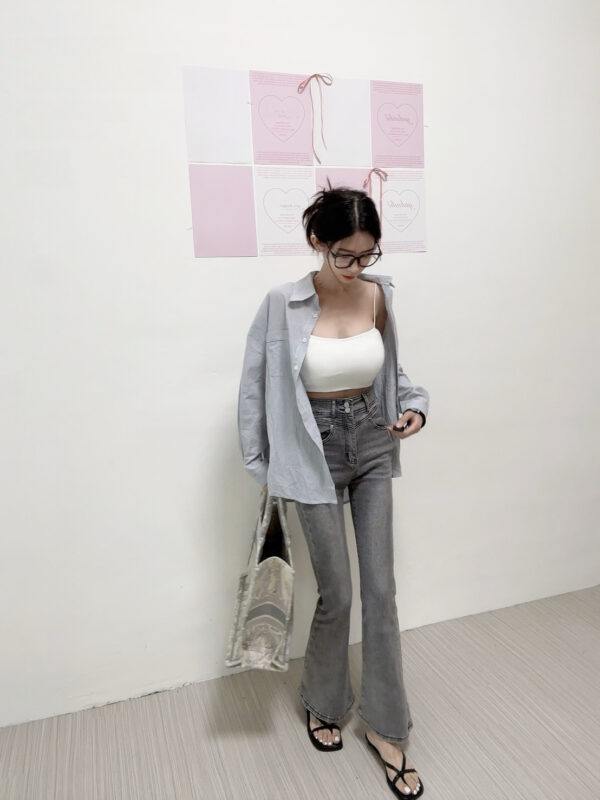#11344少女狙擊器 蝴蝶結口袋牛仔喇叭長褲