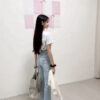 #11344少女狙擊器 蝴蝶結口袋牛仔喇叭長褲