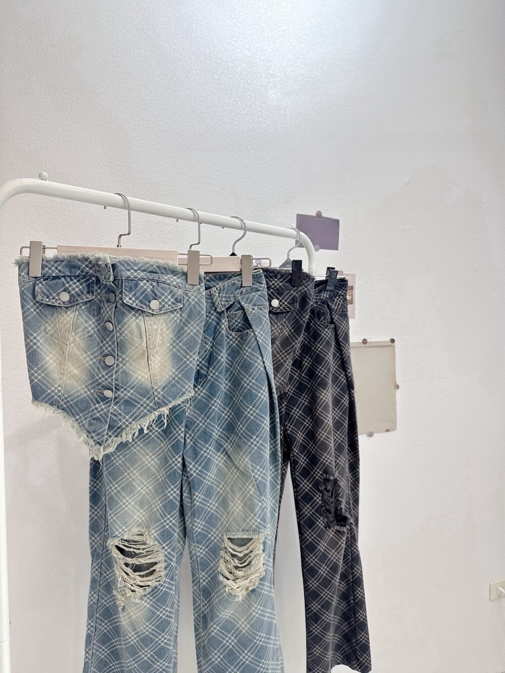 #3340 炸街單品！格紋牛仔平口背心+長褲SET
