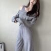#1819 法式慵懶三件式 翻領針織+背心+落地高腰寬褲
