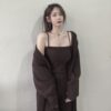 #950 羊絨細肩針織+長版翻領外套+落地寬褲