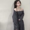 #950 羊絨細肩針織+長版翻領外套+落地寬褲