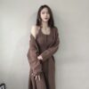 #922 長版針織外套+掛脖美背針織 +落地寬褲