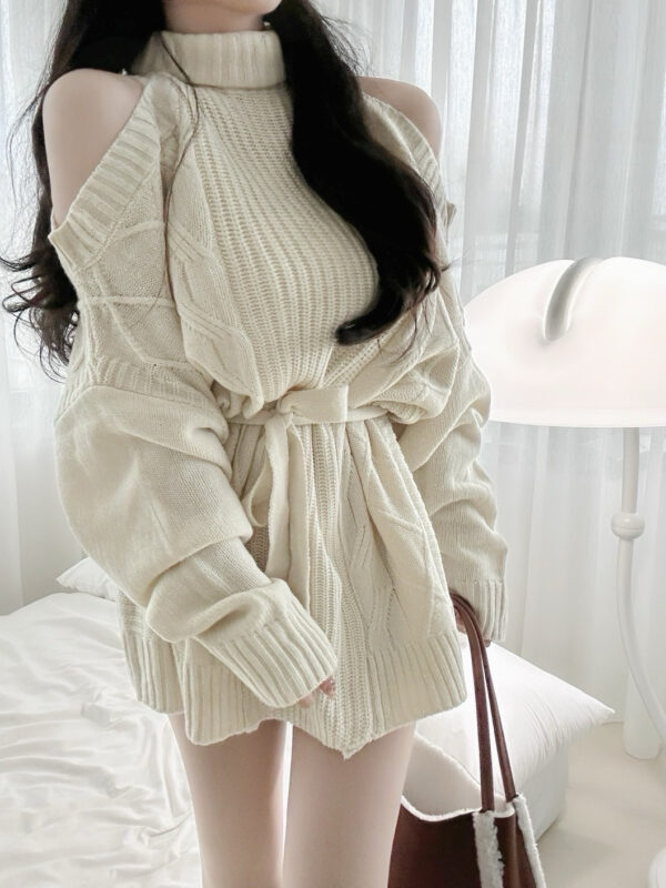 #86367 女神降臨｜高領針織簍肩綁繩洋
