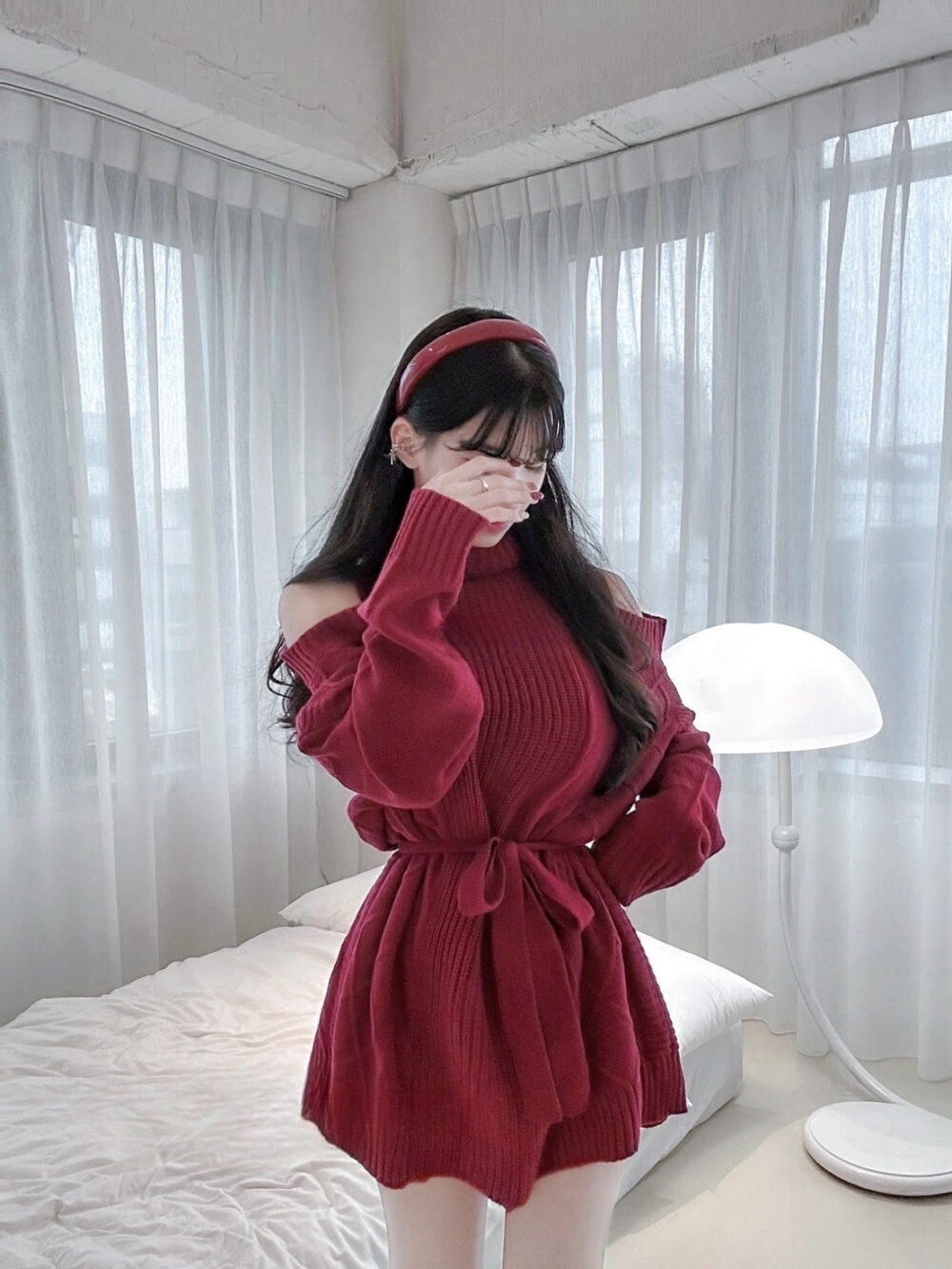 #86367 女神降臨｜高領針織簍肩綁繩洋