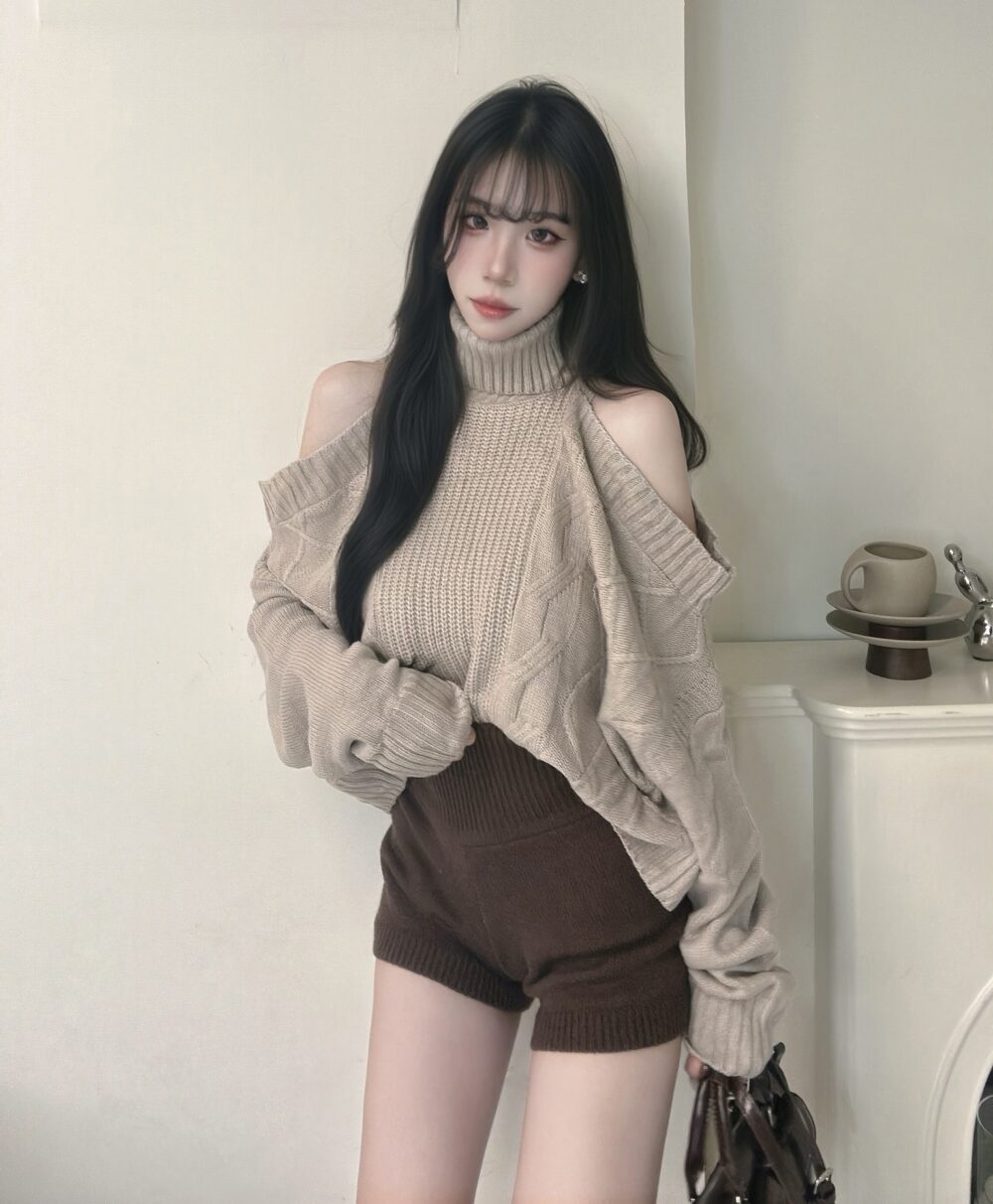 #86527落肩高領麻花針織短版上衣單品