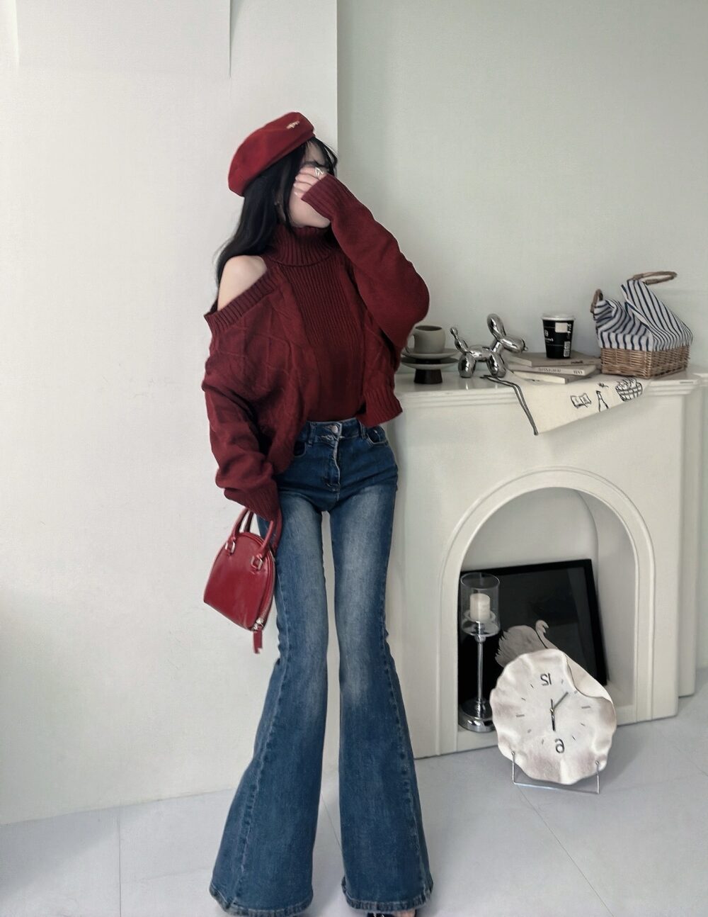 #86527落肩高領麻花針織短版上衣單品