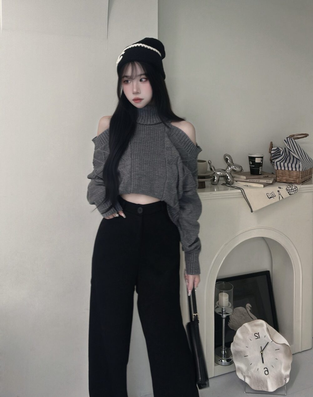 #86527落肩高領麻花針織短版上衣單品