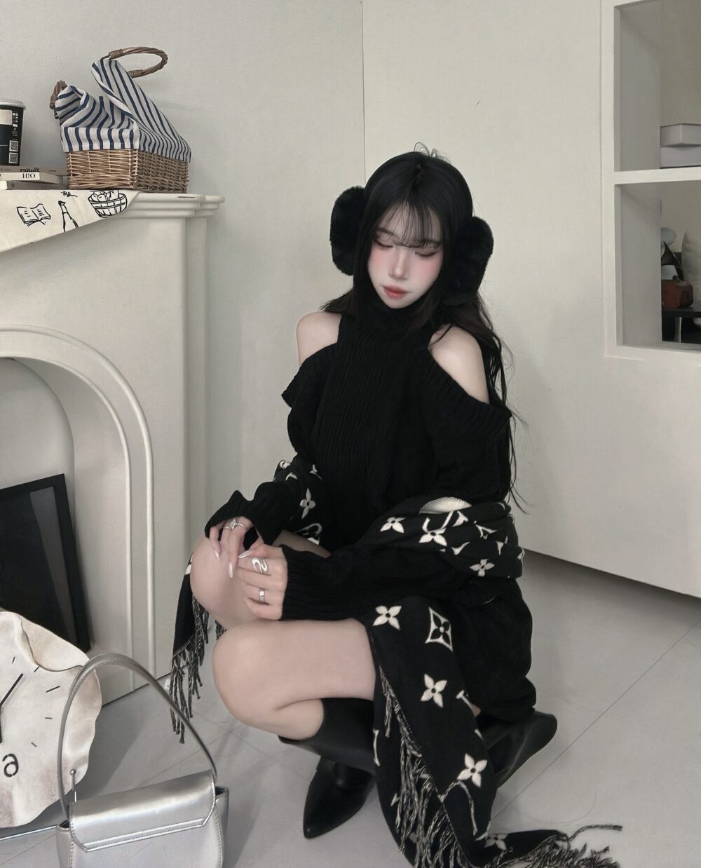 #86527落肩高領麻花針織短版上衣單品