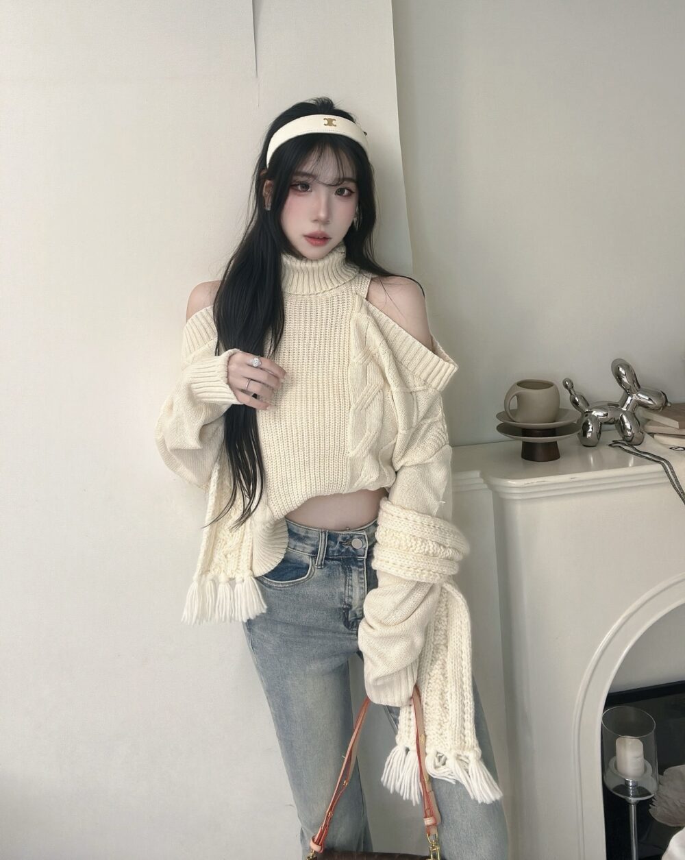 #86527落肩高領麻花針織短版上衣單品