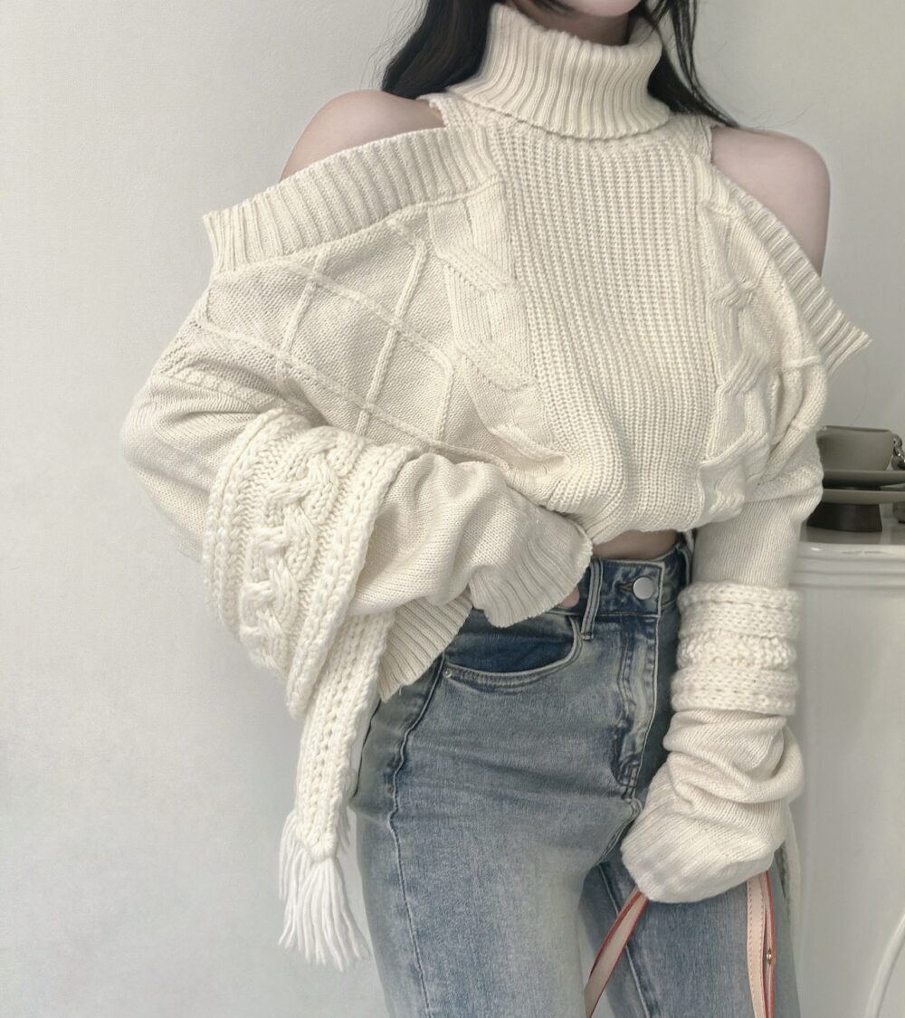 #86527落肩高領麻花針織短版上衣單品