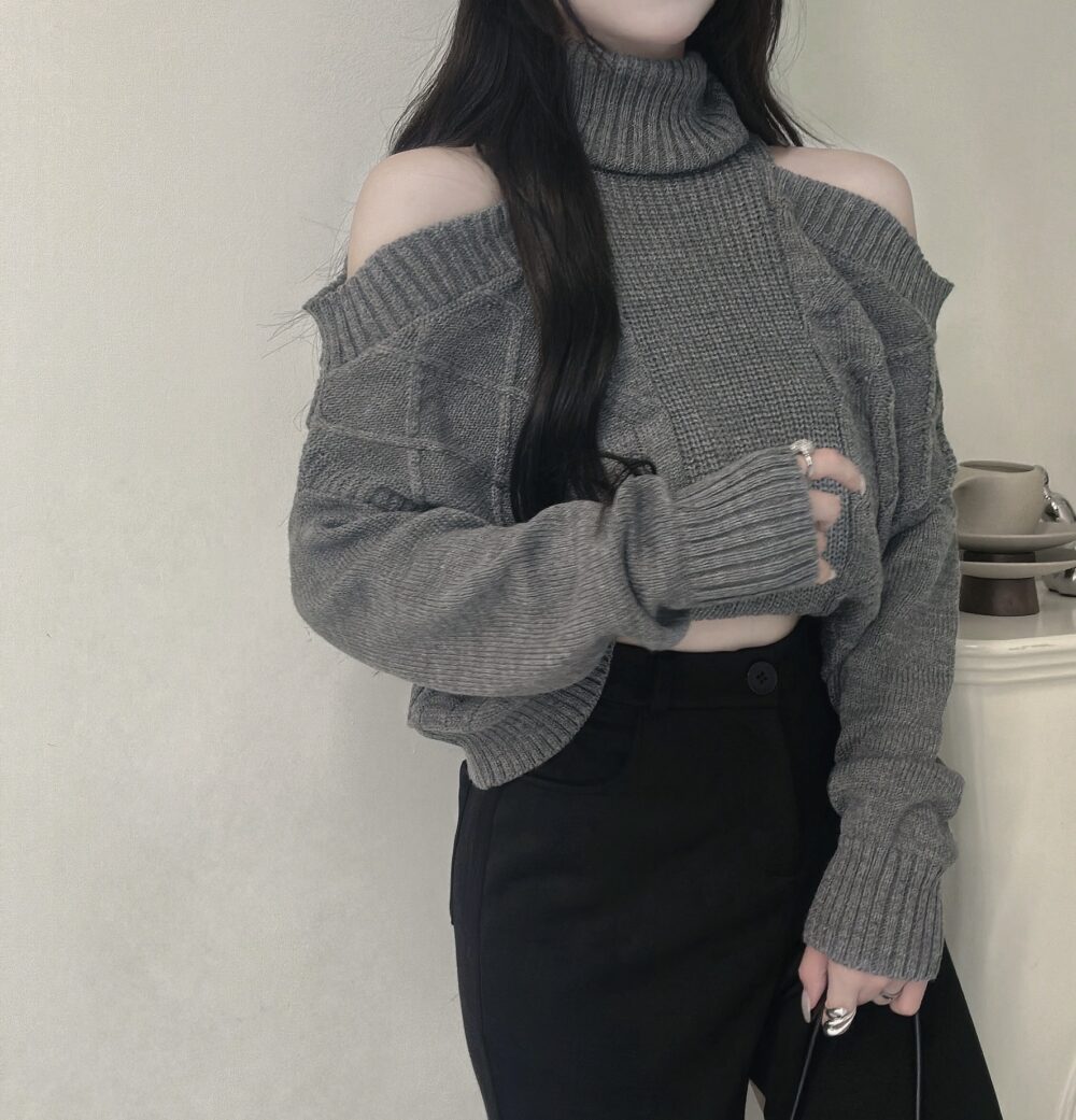 #86527落肩高領麻花針織短版上衣單品