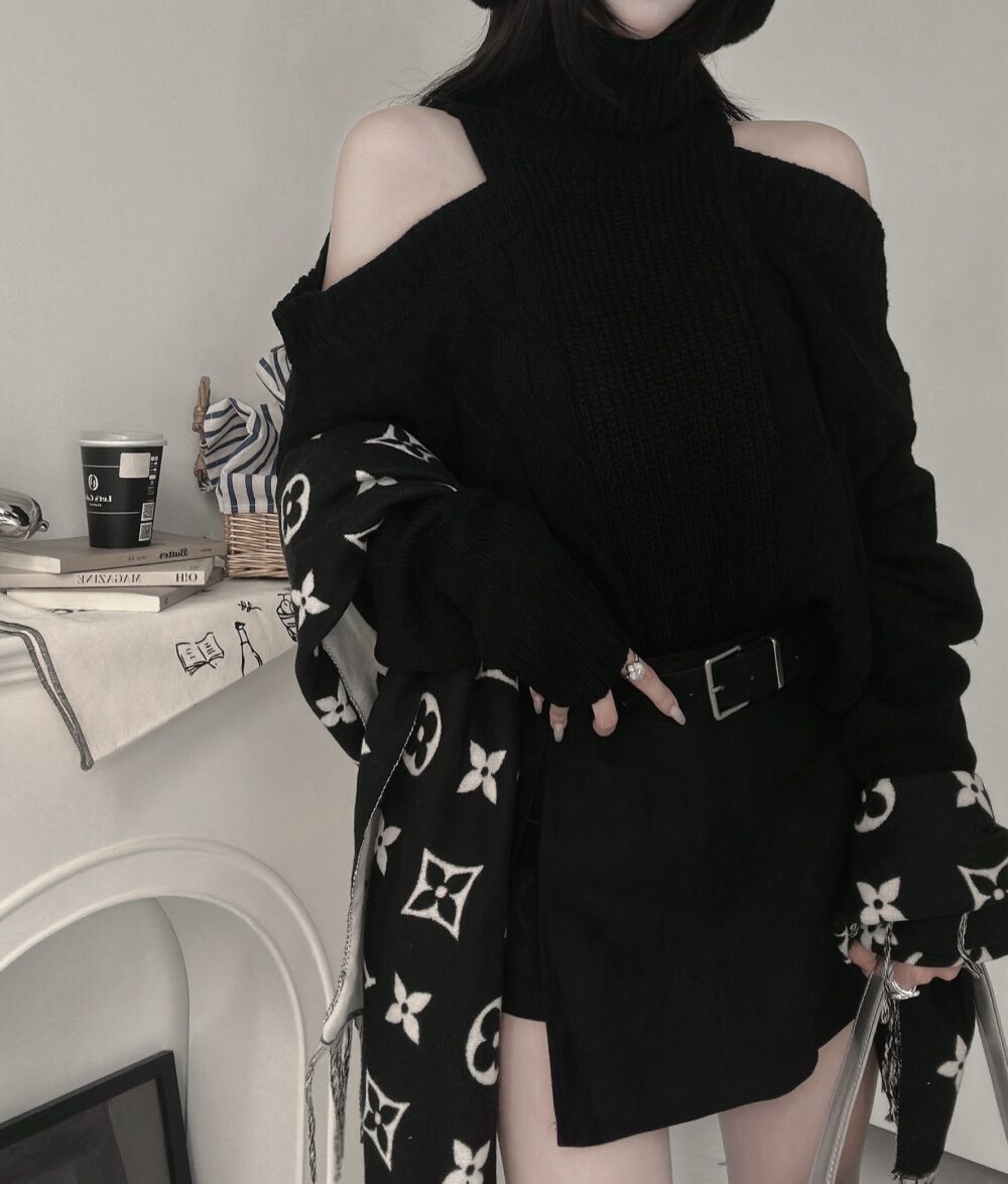 #86527落肩高領麻花針織短版上衣單品