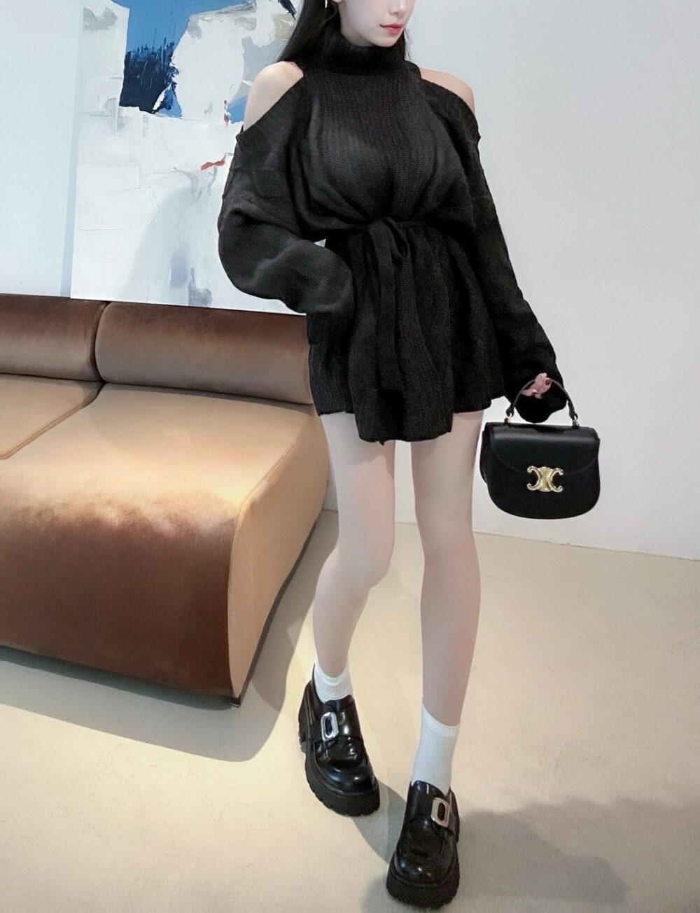 #86367 女神降臨｜高領針織簍肩綁繩洋