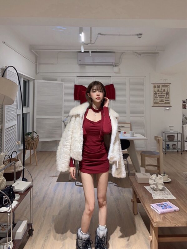 #3063姣好身材，系帶內刷毛側抓皺帶胸墊洋裝