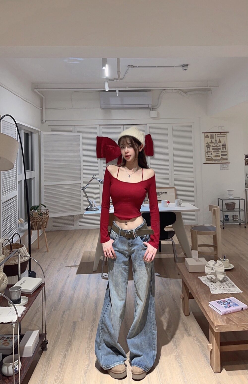 #568 自帶胸墊 細肩帶加厚磨毛露肩發熱長袖T