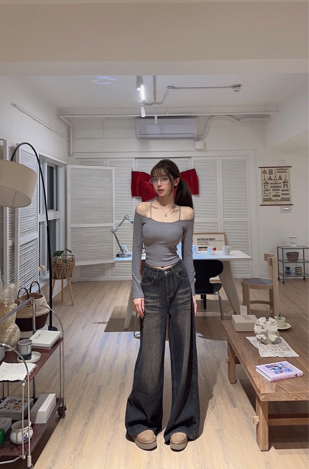 #568 自帶胸墊 細肩帶加厚磨毛露肩發熱長袖T