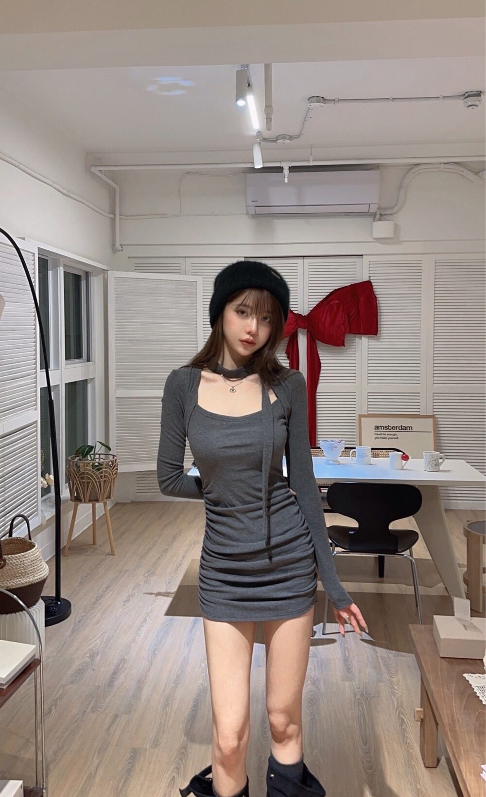 #3063姣好身材，系帶內刷毛側抓皺帶胸墊洋裝