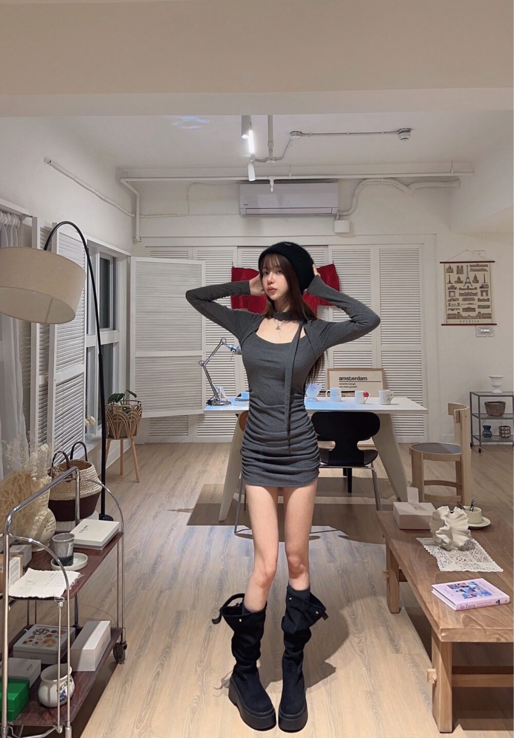 #3063姣好身材，系帶內刷毛側抓皺帶胸墊洋裝