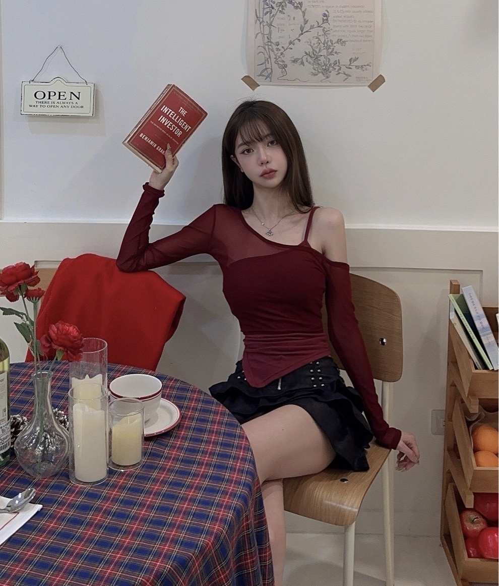 #0003 網紗給的氛圍感！絕美斜肩背心+網紗上衣