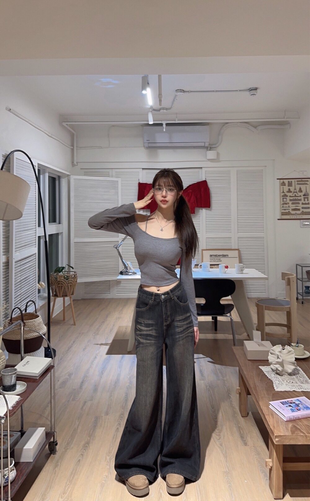 #568 自帶胸墊 細肩帶加厚磨毛露肩發熱長袖T