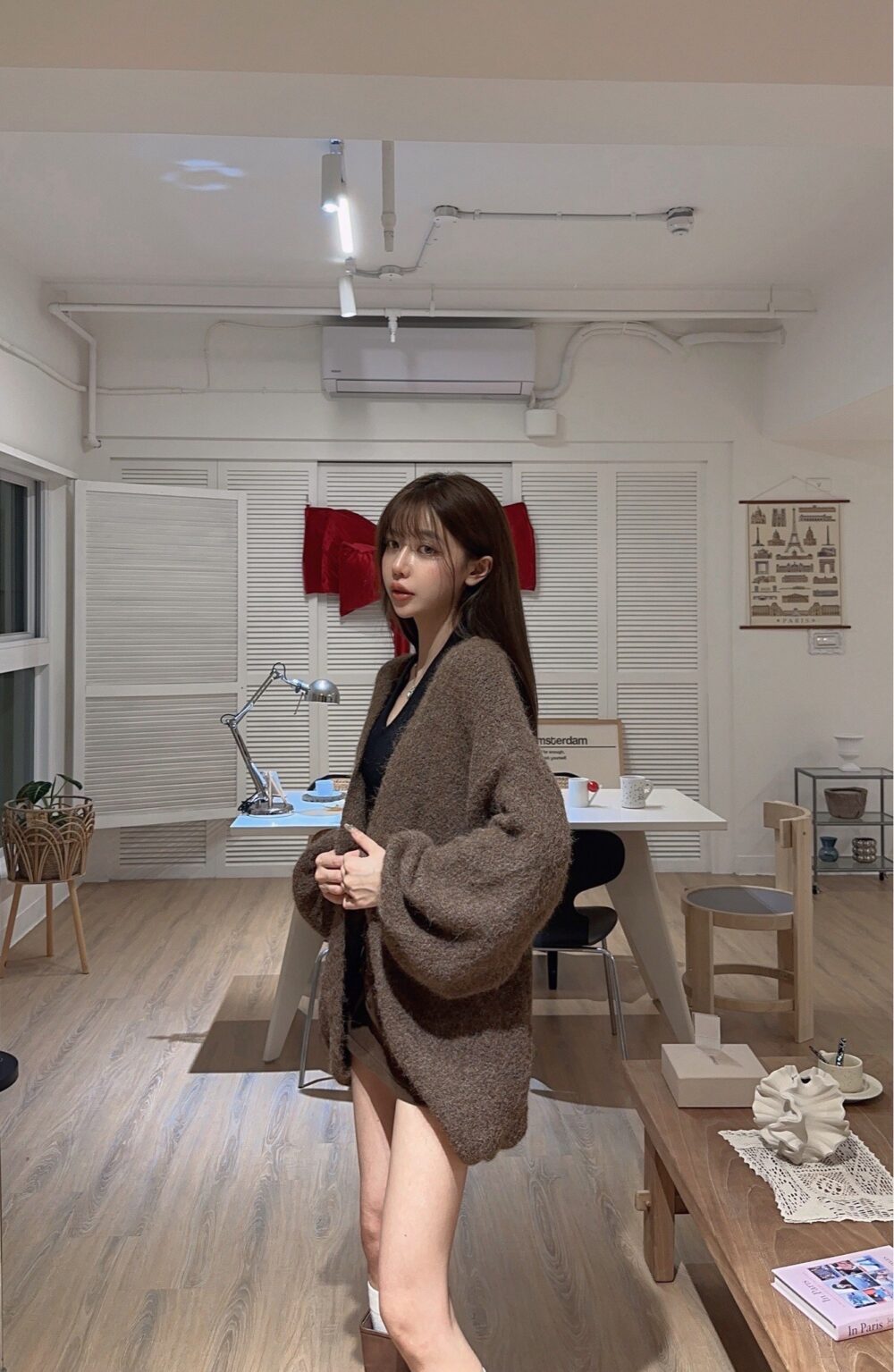 #15393毛圈蓬鬆感 澎袖縮口版長版針織毛衣外