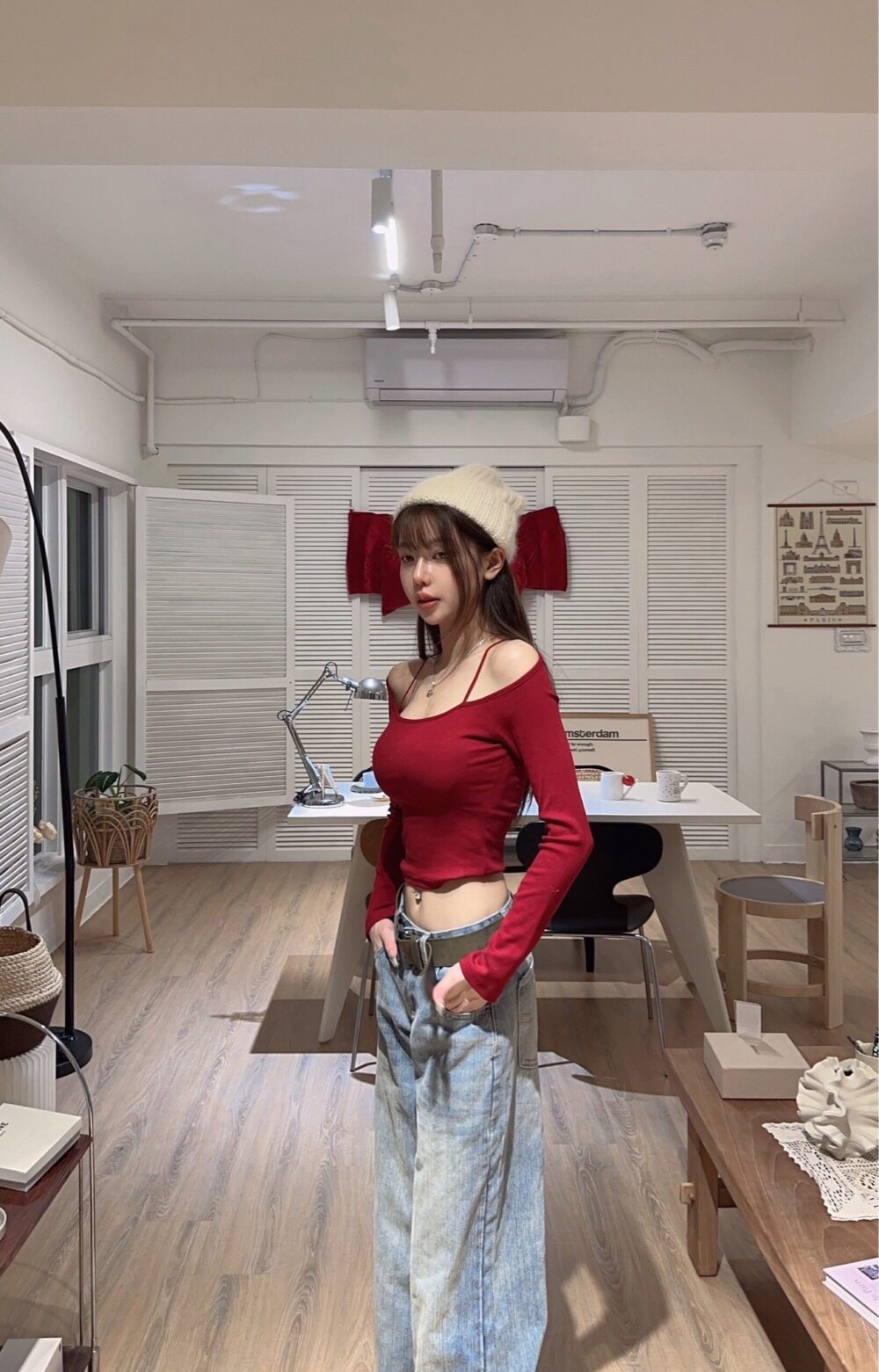 #568 自帶胸墊 細肩帶加厚磨毛露肩發熱長袖T