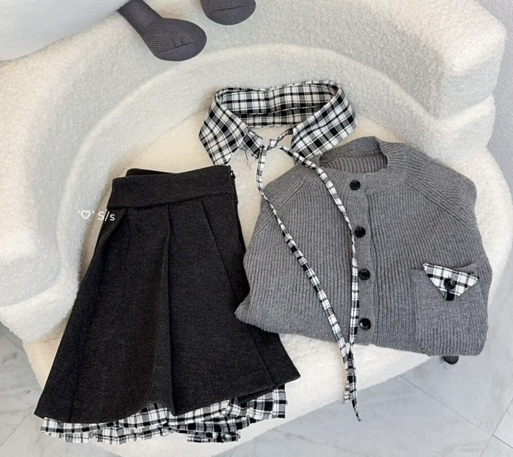 #51073 重磅!!!針織保暖上衣  +polo領配件+毛呢短裙SET