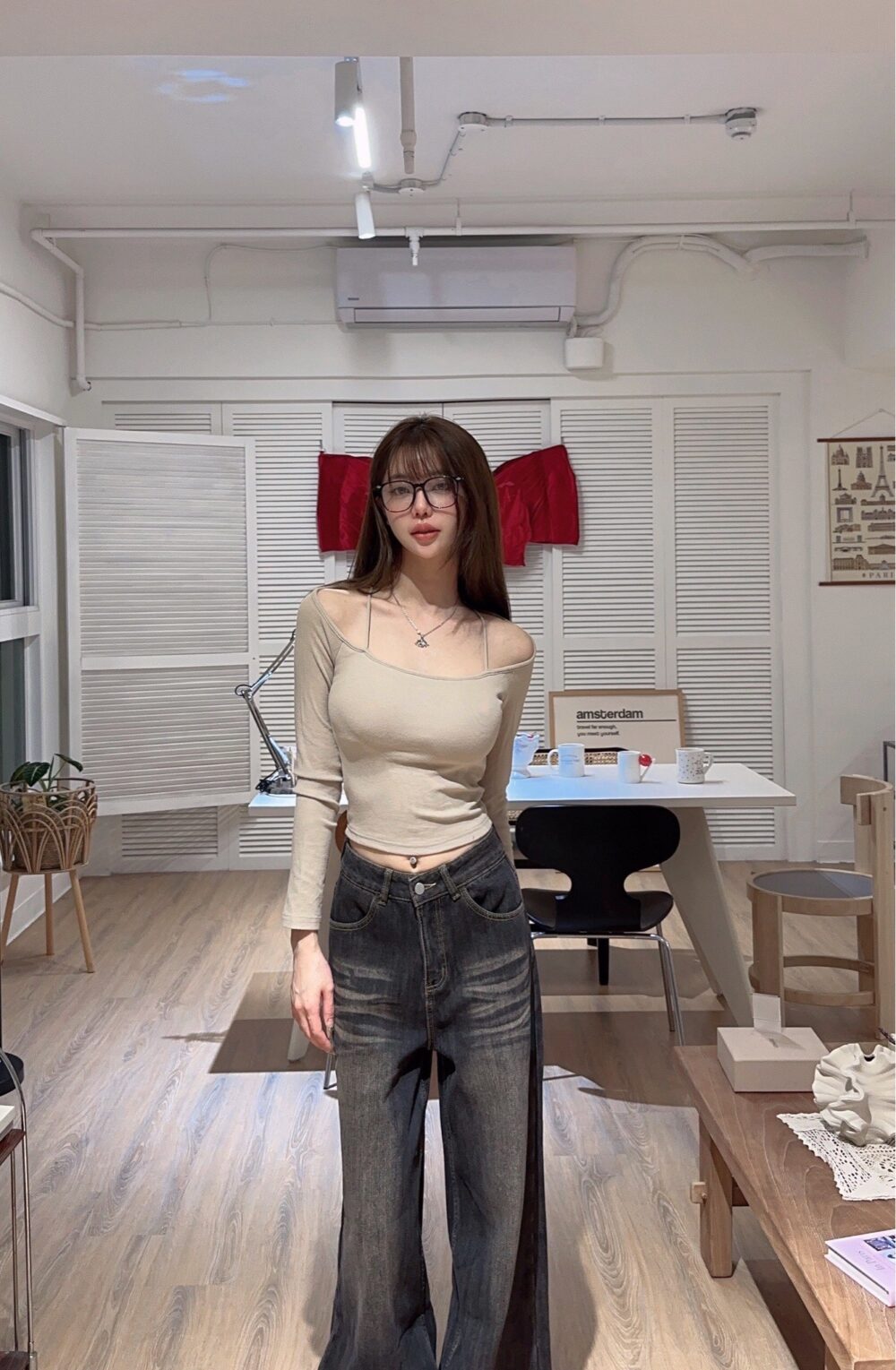 #568 自帶胸墊 細肩帶加厚磨毛露肩發熱長袖T