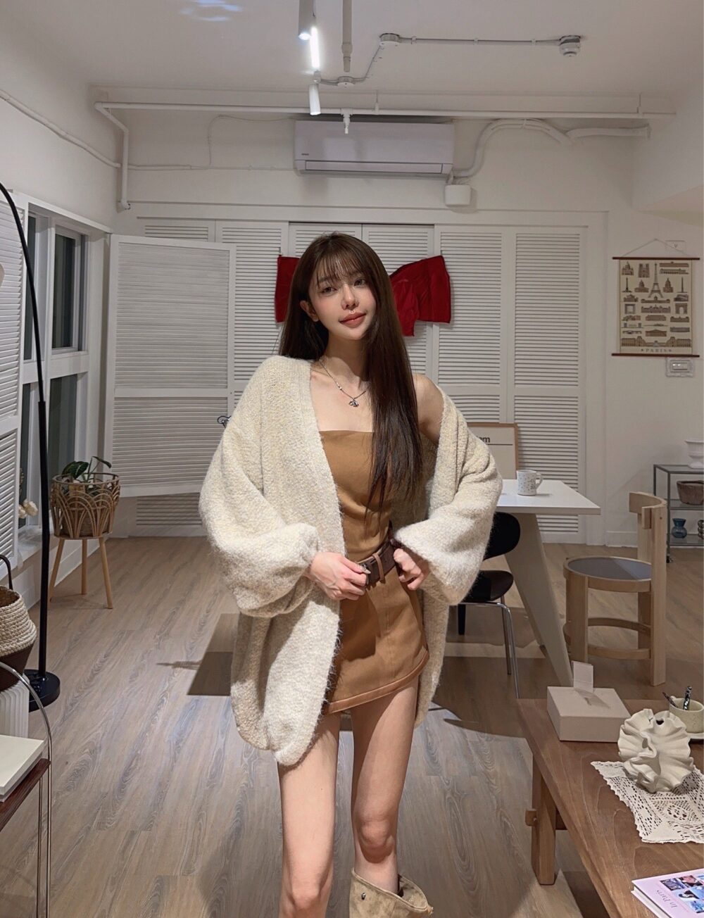 #15393毛圈蓬鬆感 澎袖縮口版長版針織毛衣外