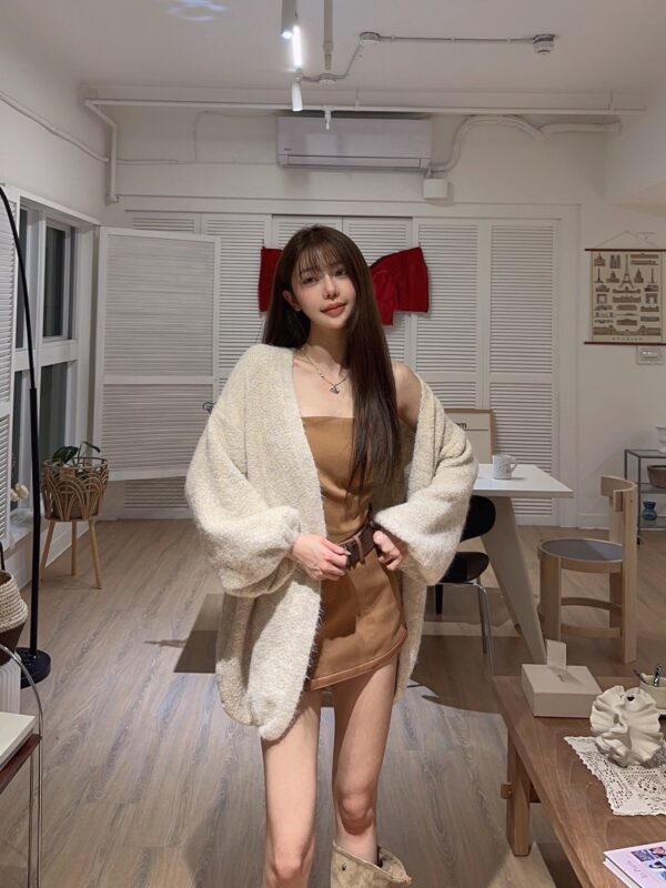 #15393毛圈蓬鬆感 澎袖縮口版長版針織毛衣外