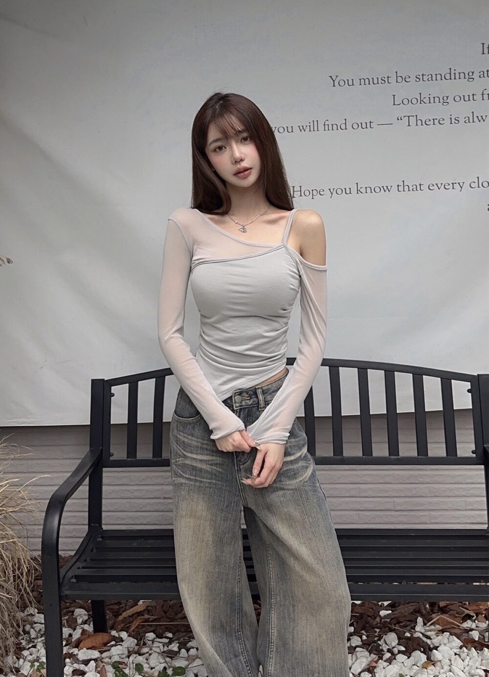 #0003 網紗給的氛圍感！絕美斜肩背心+網紗上衣