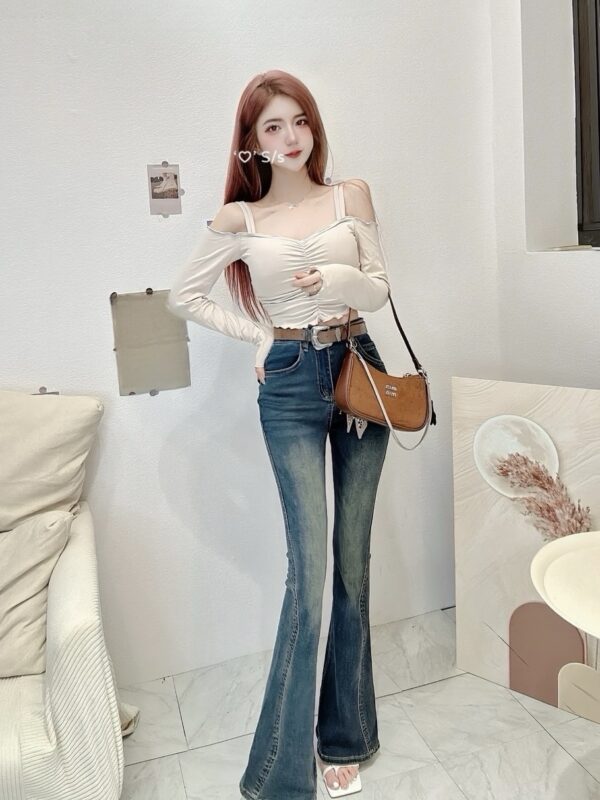 #3019 雙肩質感內杯 平領短版抓皺上衣單品