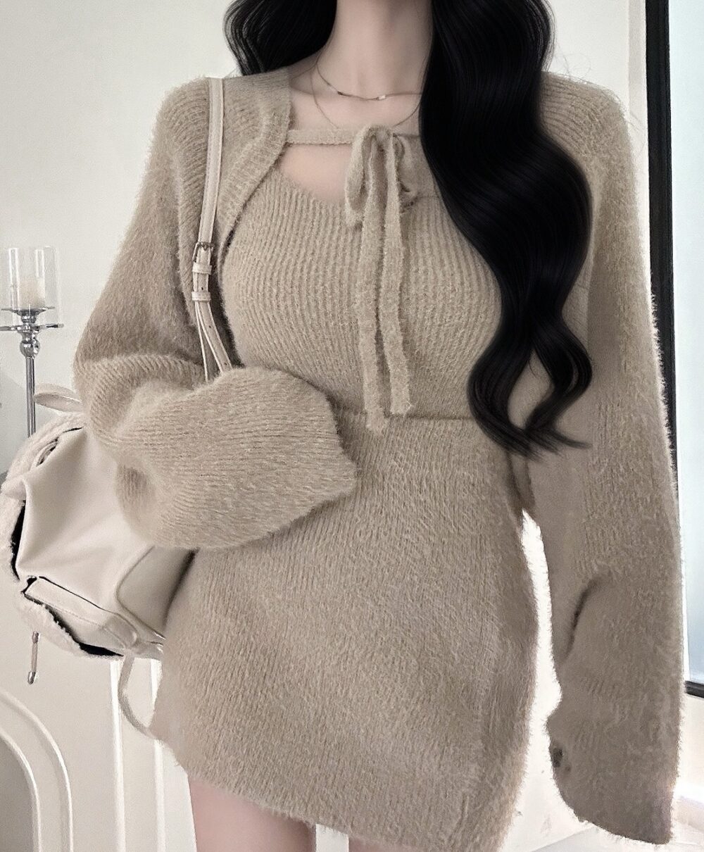 #86908細肩帶針織小可愛＋包臀裙＋綁繩寬袖小外罩3件set