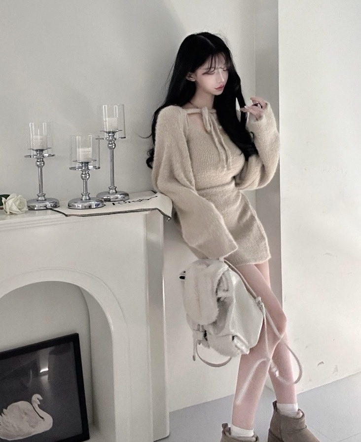 #86908細肩帶針織小可愛＋包臀裙＋綁繩寬袖小外罩3件set