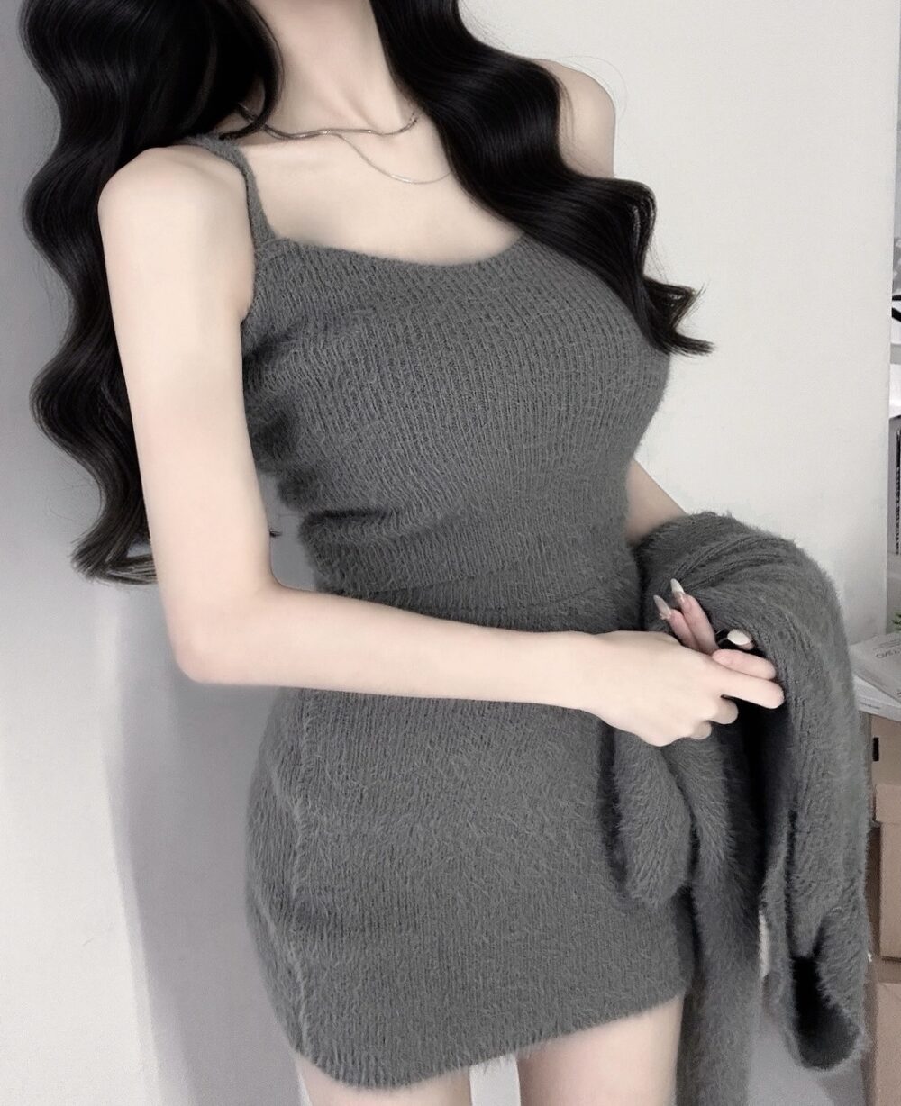 #86908細肩帶針織小可愛＋包臀裙＋綁繩寬袖小外罩3件set