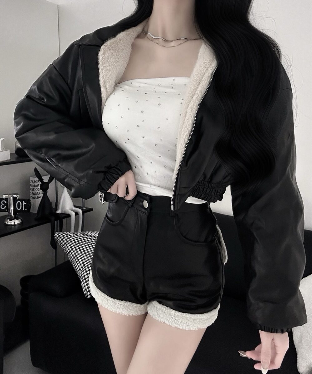 #86860五金釦愛心毛邊造型後鬆緊毛毛皮褲單品