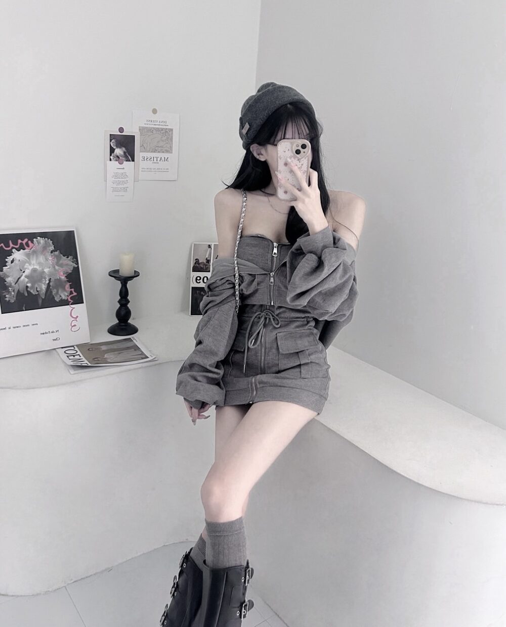 86902 拉鍊口袋鬆緊綁繩連身洋+連帽短版外套2件Set