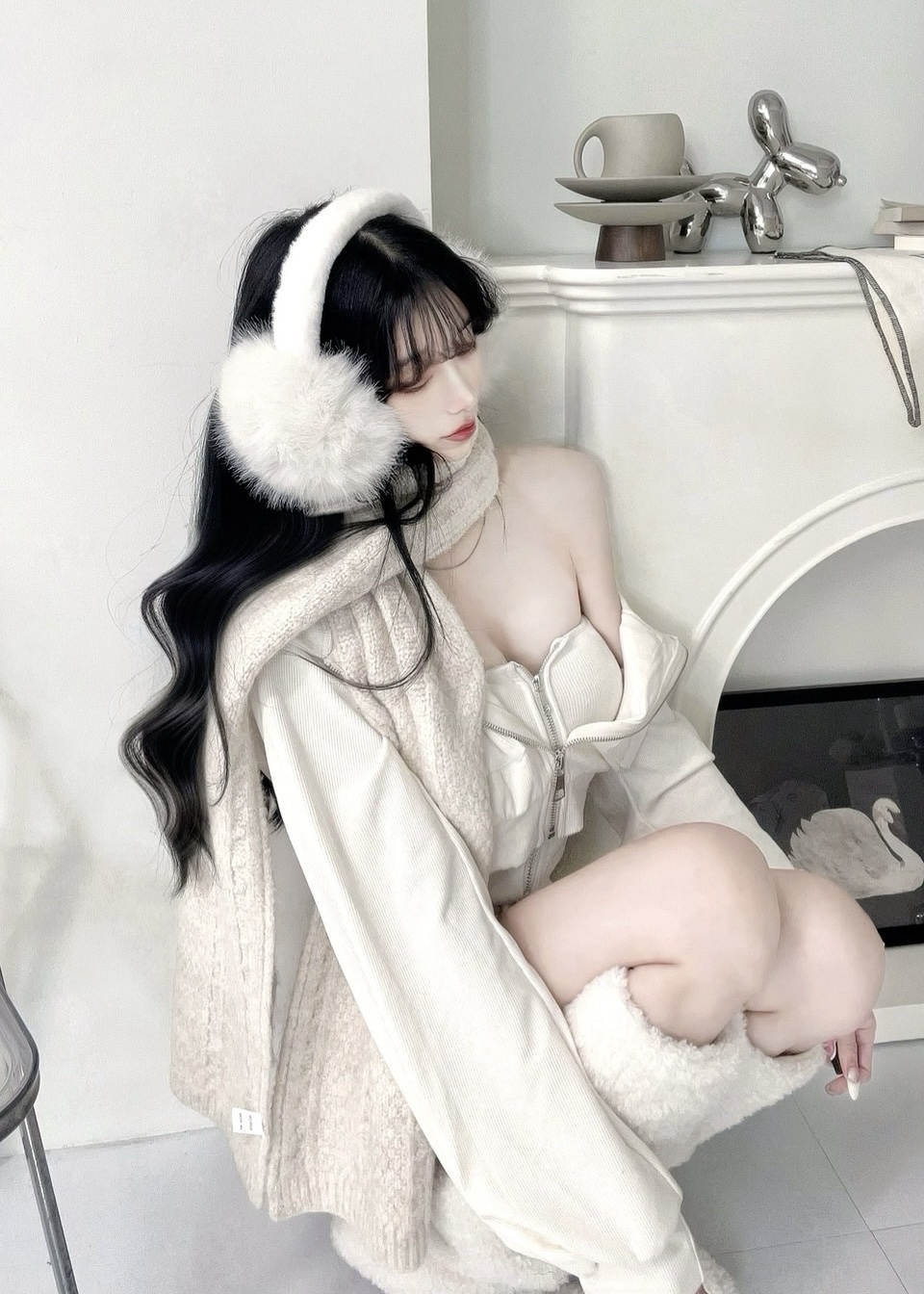 86902 拉鍊口袋鬆緊綁繩連身洋+連帽短版外套2件Set